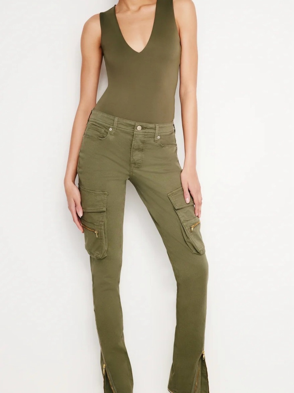 Twill Olive Green Cargo Slim Pants